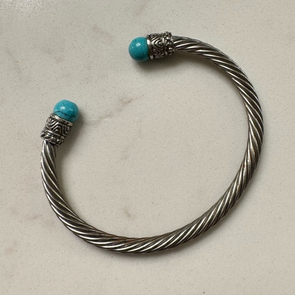 Silver Cable Bracelet with Faux Turquoise - Adjustable Silver Tone Cable Cuff - Picture 8 of 13